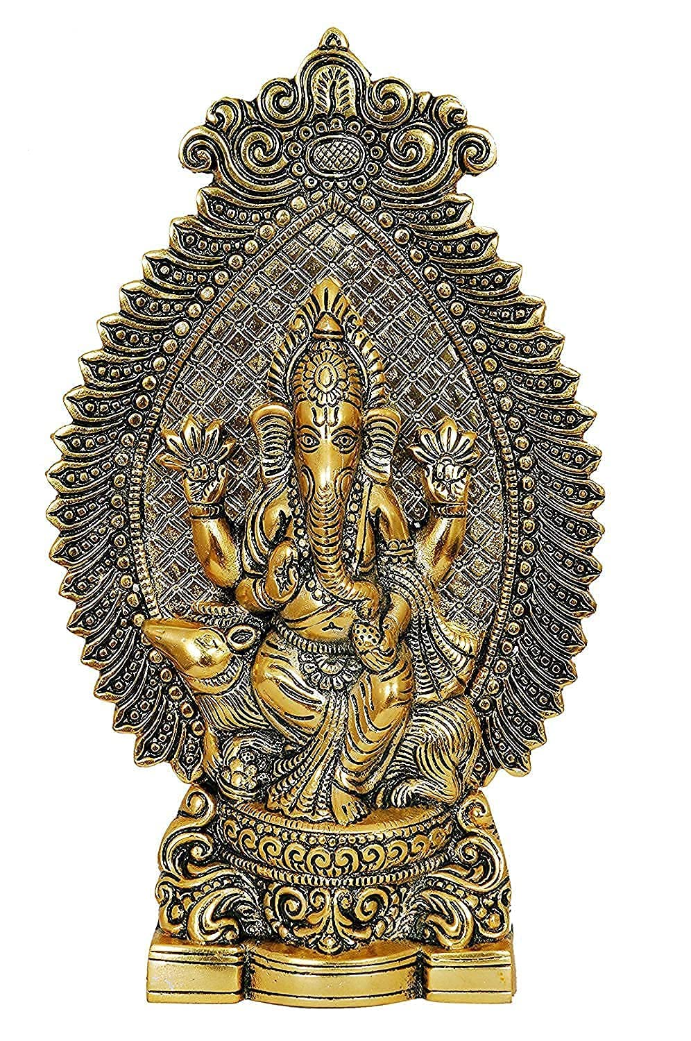Nexplora Industries Pvt. Ltd. Metal Ganesh Idol Ganpati Sitting On Mouse Statue, Height 27 Cm, Gold Antique